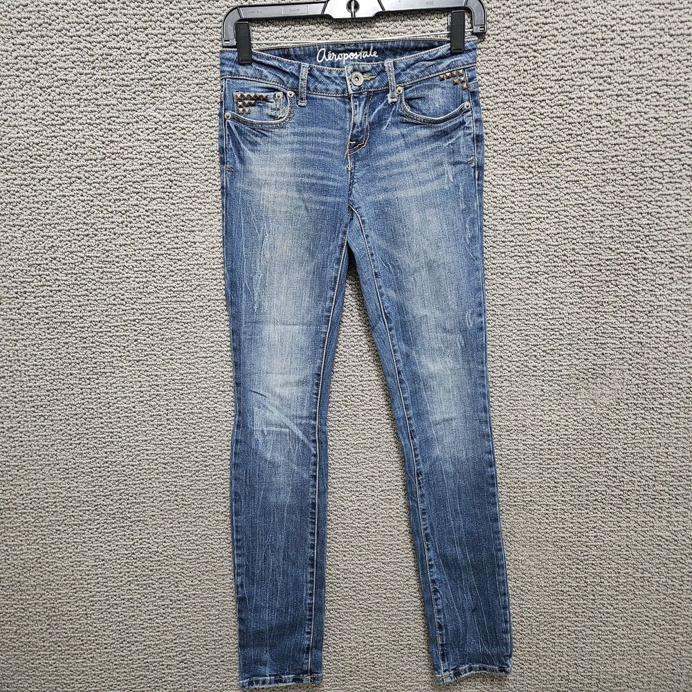 AÉROPOSTALE Women’s Bayla Skinny Studded Blue Denim Jeans Size 00 Regular - Picture 1 of 8